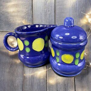 Waechtersbach Western Germany Cobalt Blue Sugar Bowl Creamer Yellow Green Dots
